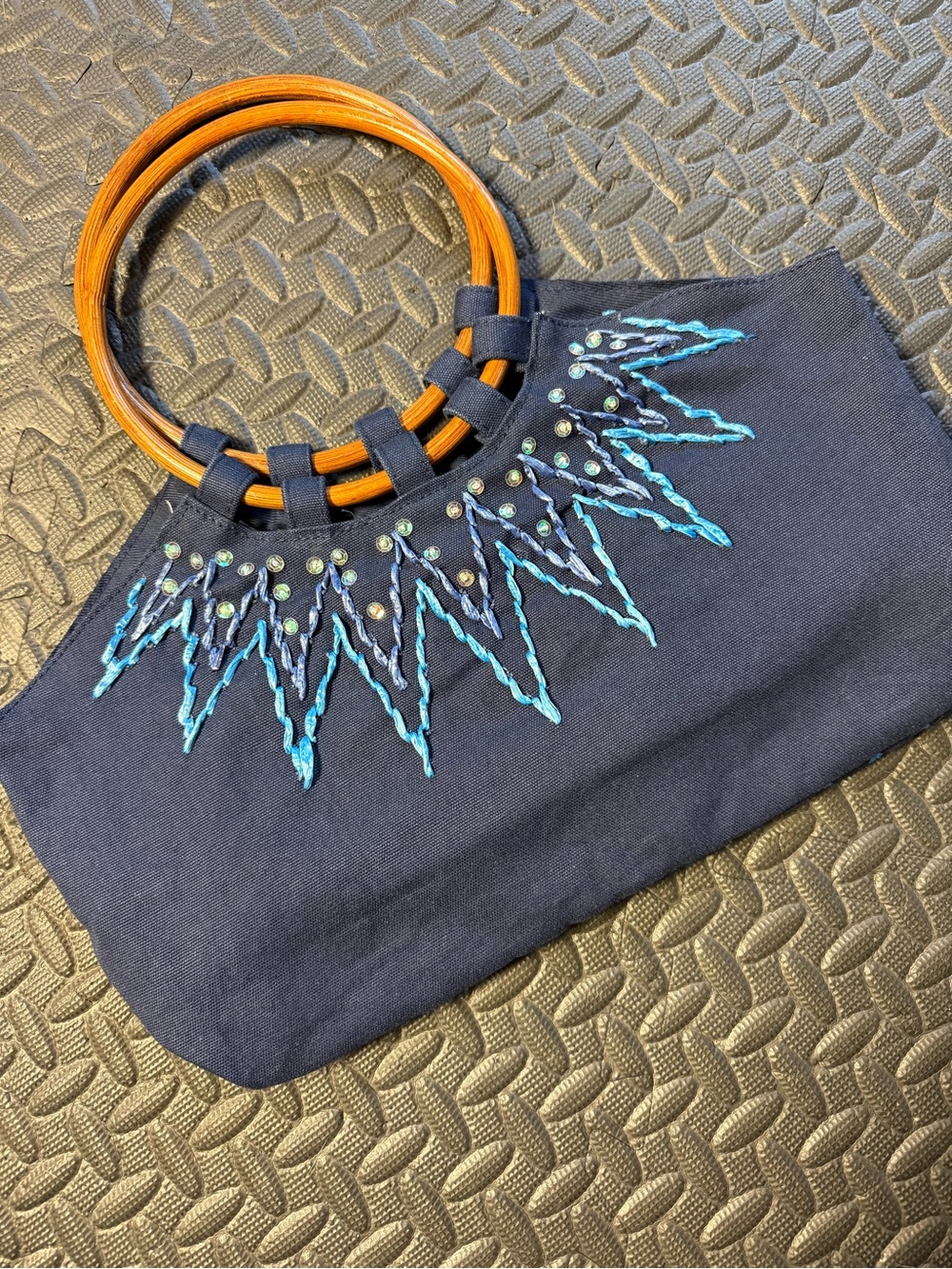 Mossimo Blue Embroidered Wooden Hoop Handle Satchel